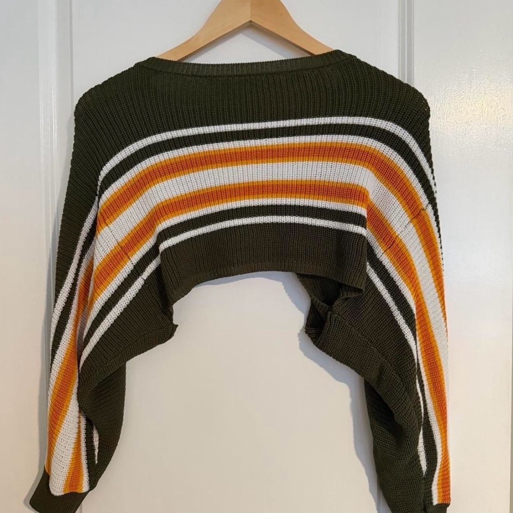 Olive Green Striped Cropped Sweater with Orange and White Accent